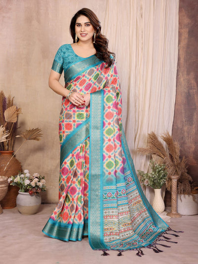 Fabrica Vibe Sky Blue Multicolor Bandhej Inspired Cotton Saree with Woven Border
