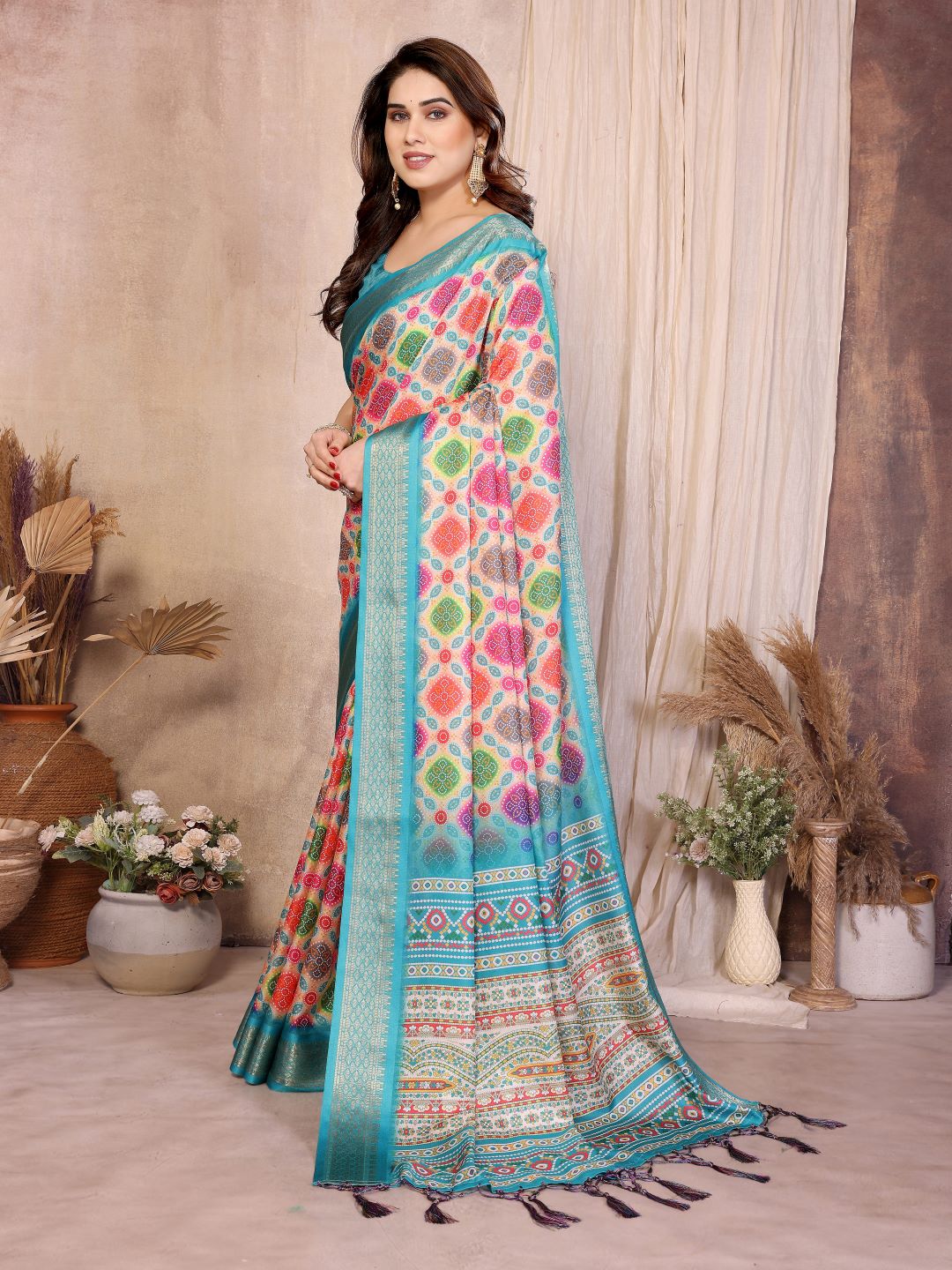 Fabrica Vibe Sky Blue Multicolor Bandhej Inspired Cotton Saree with Woven Border
