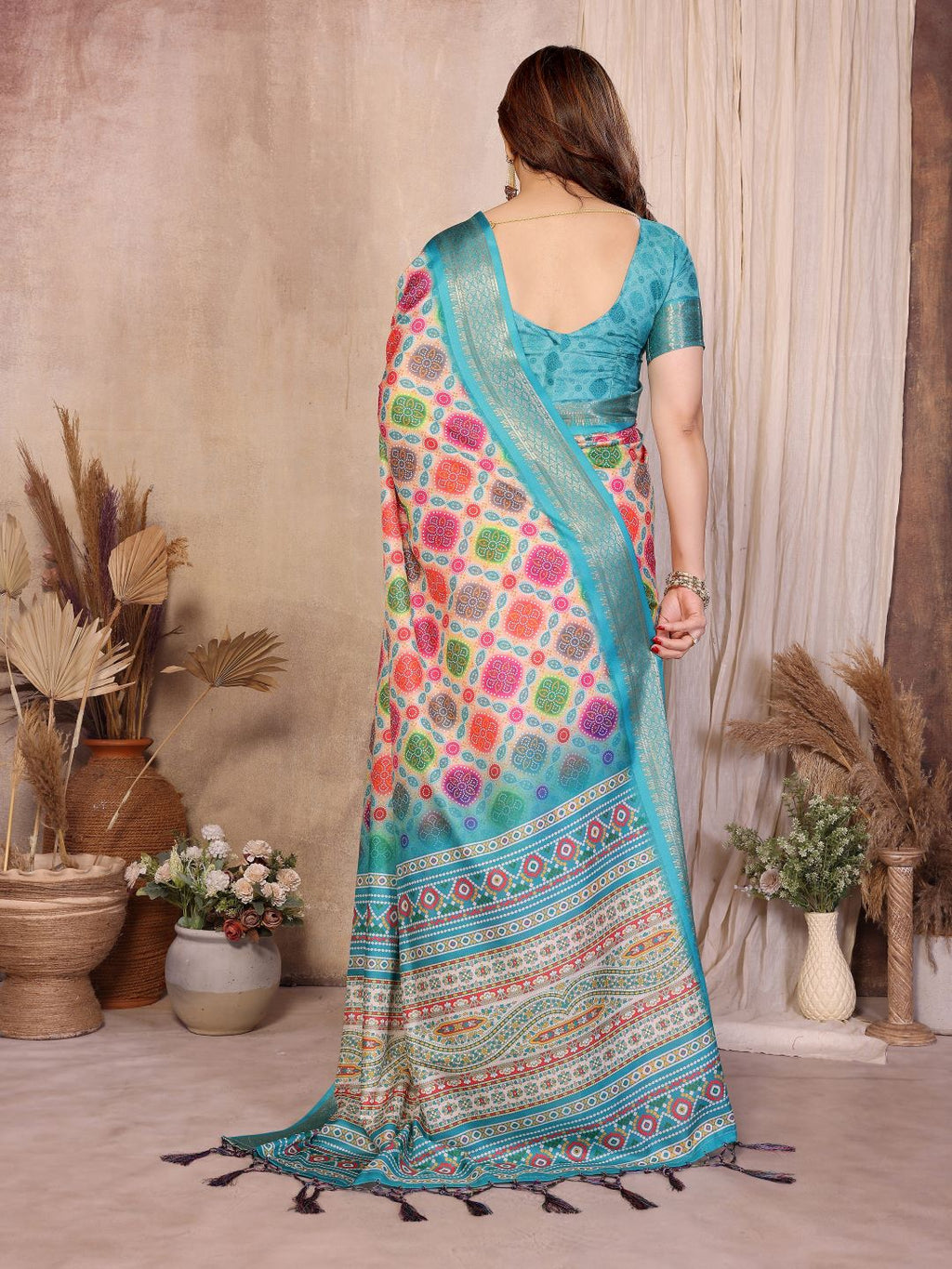Fabrica Vibe Sky Blue Multicolor Bandhej Inspired Cotton Saree with Woven Border