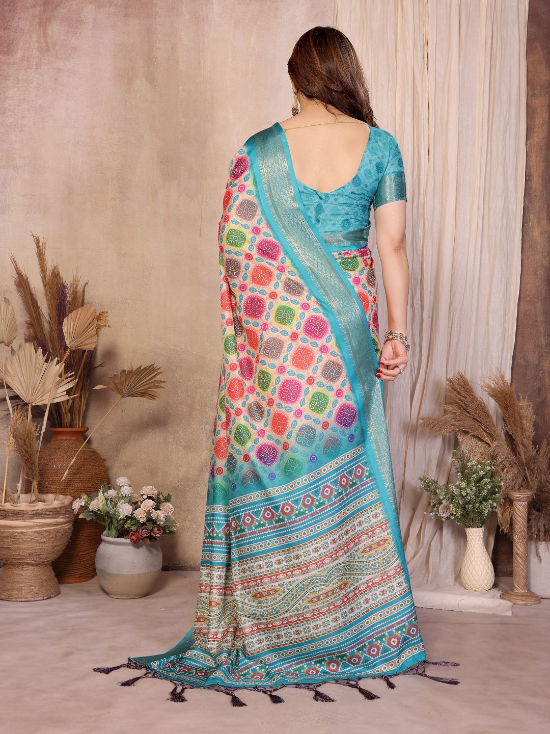 Fabrica Vibe Sky Blue Multicolor Bandhej Inspired Cotton Saree with Woven Border