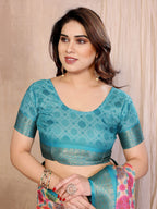 Fabrica Vibe Sky Blue Multicolor Bandhej Inspired Cotton Saree with Woven Border