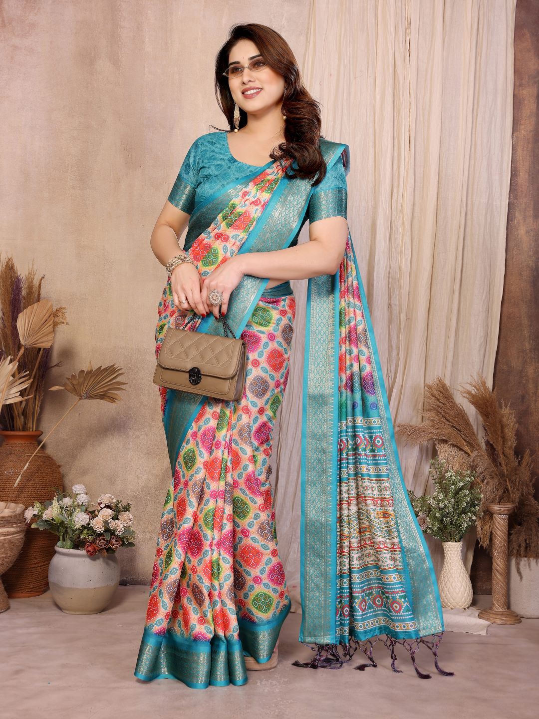 Fabrica Vibe Sky Blue Multicolor Bandhej Inspired Cotton Saree with Woven Border