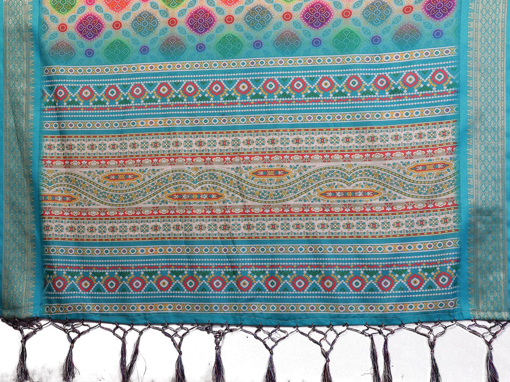 Fabrica Vibe Sky Blue Multicolor Bandhej Inspired Cotton Saree with Woven Border