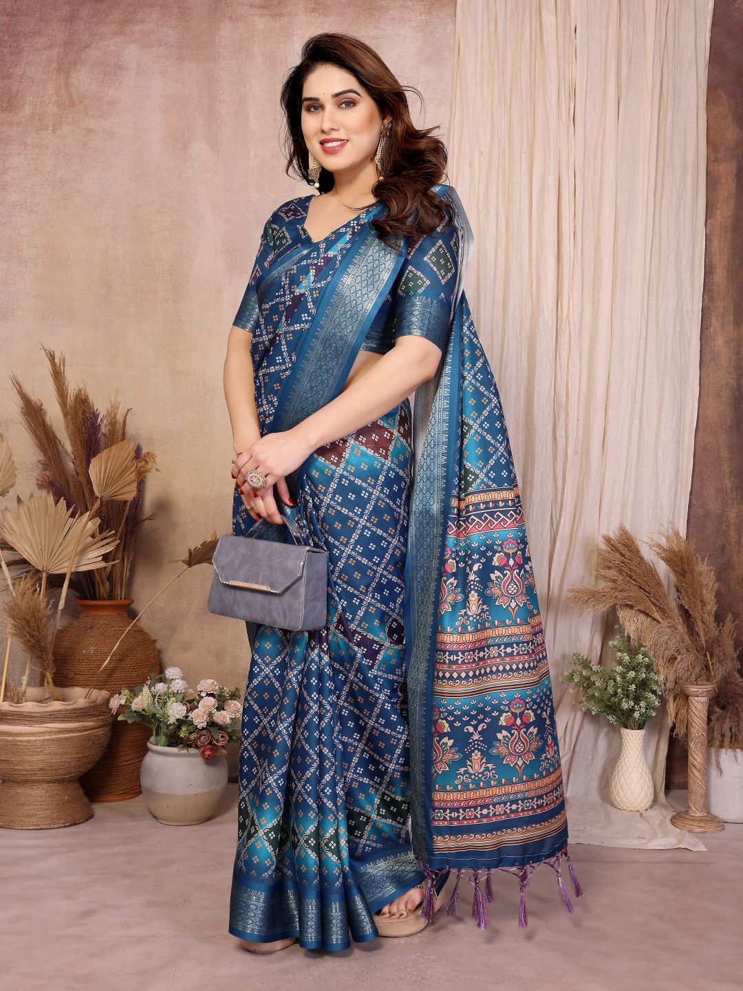 Fabrica Vibe Teal Blue Bandhej Inspired Cotton Saree with Floral Heritage Pallu