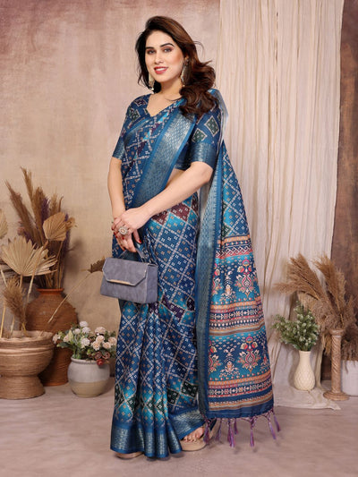 Fabrica Vibe Teal Blue Bandhej Inspired Cotton Saree with Floral Heritage Pallu