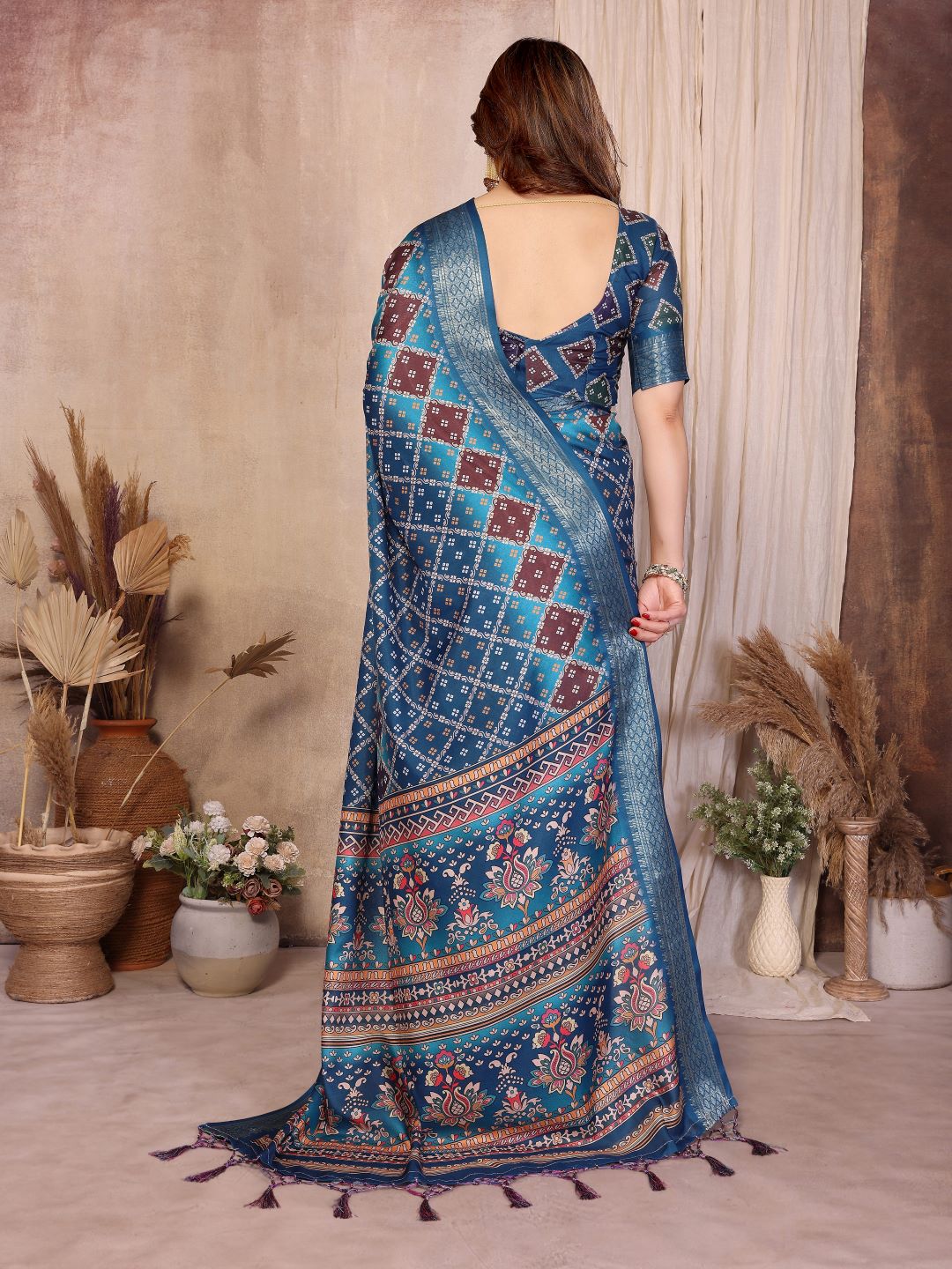 Fabrica Vibe Teal Blue Bandhej Inspired Cotton Saree with Floral Heritage Pallu
