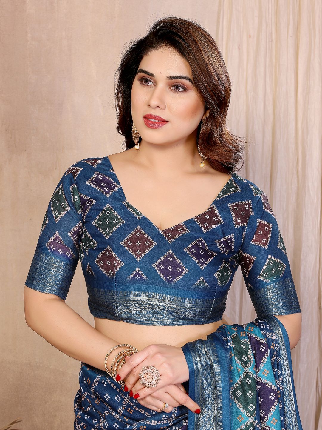 Fabrica Vibe Teal Blue Bandhej Inspired Cotton Saree with Floral Heritage Pallu