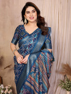 Fabrica Vibe Teal Blue Bandhej Inspired Cotton Saree with Floral Heritage Pallu