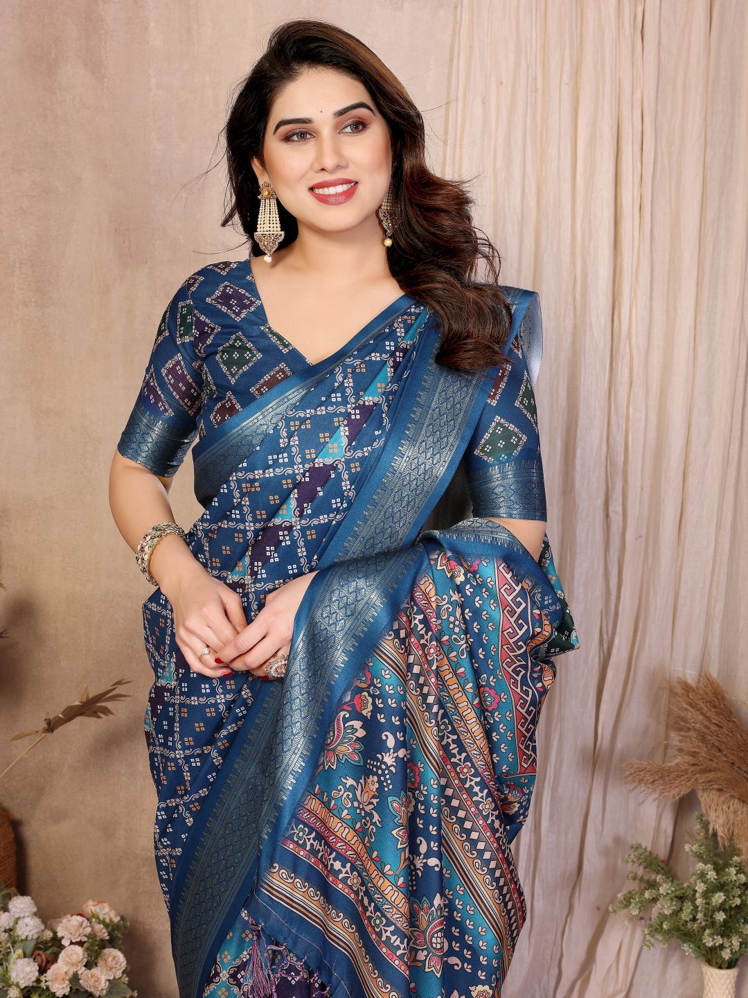 Fabrica Vibe Teal Blue Bandhej Inspired Cotton Saree with Floral Heritage Pallu