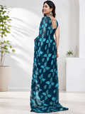 Fabrica Vibe Navy Blue Floral Print Georgette Saree with Unstitched Blouse