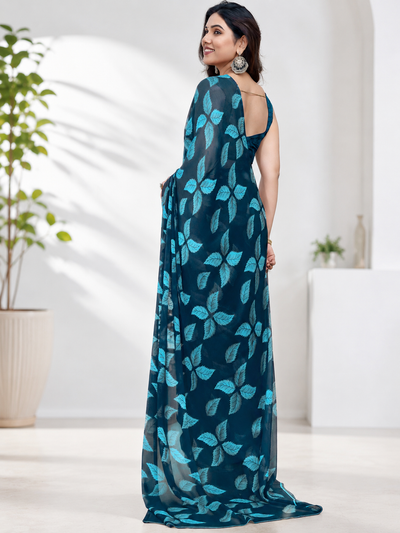 Fabrica Vibe Navy Blue Floral Print Georgette Saree with Unstitched Blouse