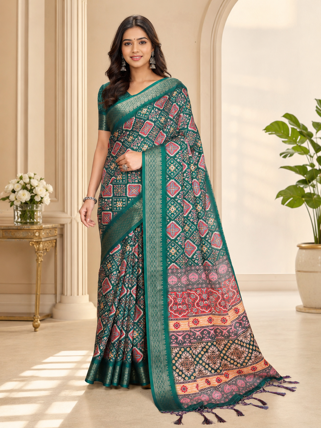 Fabrica Vibe Women's Green Printed Soft Silk Saree with Woven Border & Designer Pallu