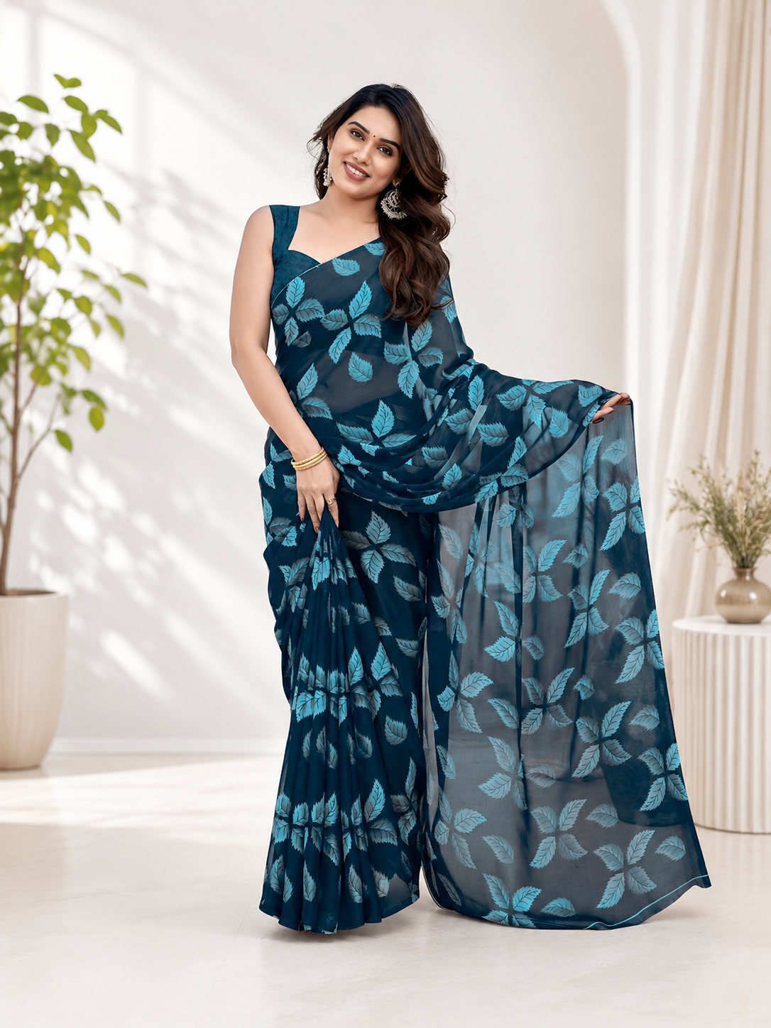 Fabrica Vibe Navy Blue Floral Print Georgette Saree with Unstitched Blouse
