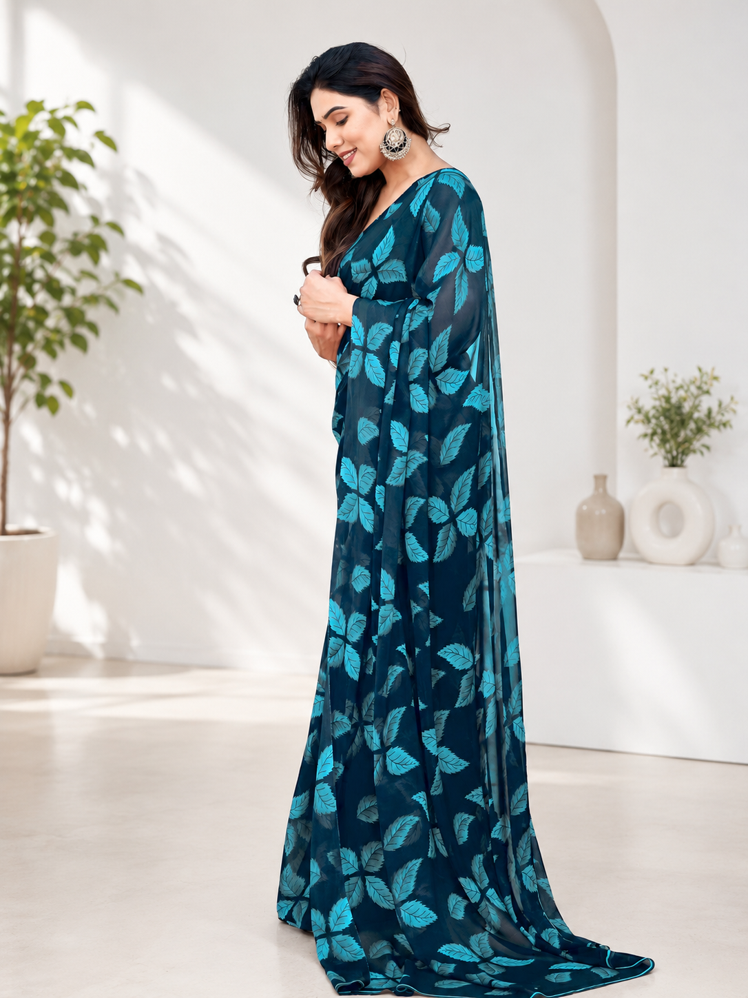 Fabrica Vibe Navy Blue Floral Print Georgette Saree with Unstitched Blouse