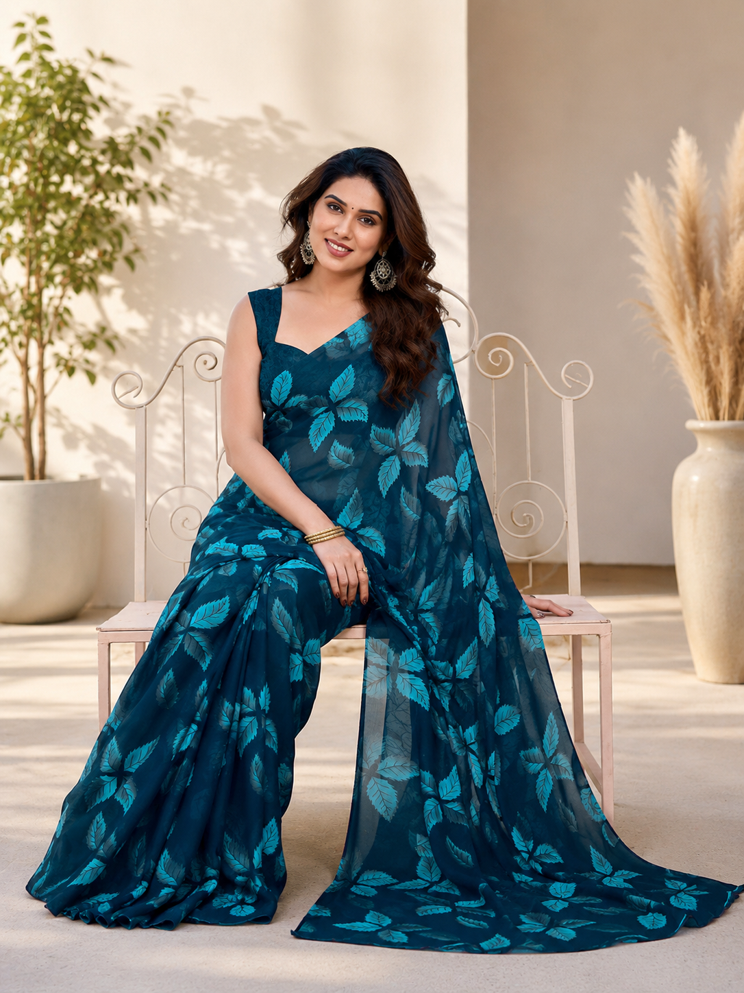 Fabrica Vibe Navy Blue Floral Print Georgette Saree with Unstitched Blouse