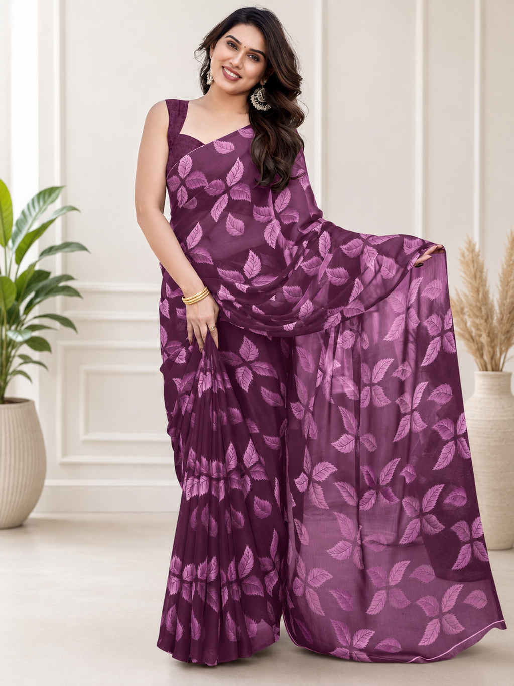 Fabrica Vibe Wine Purple Floral Printed Chiffon Saree with Blouse Piece