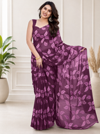 Fabrica Vibe Wine Purple Floral Printed Chiffon Saree with Blouse Piece