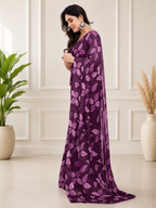 Fabrica Vibe Wine Purple Floral Printed Chiffon Saree with Blouse Piece