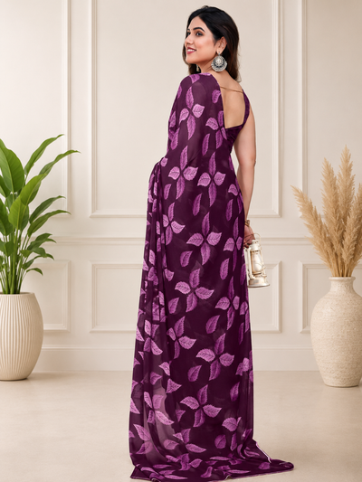 Fabrica Vibe Wine Purple Floral Printed Chiffon Saree with Blouse Piece