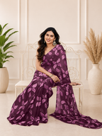 Fabrica Vibe Wine Purple Floral Printed Chiffon Saree with Blouse Piece