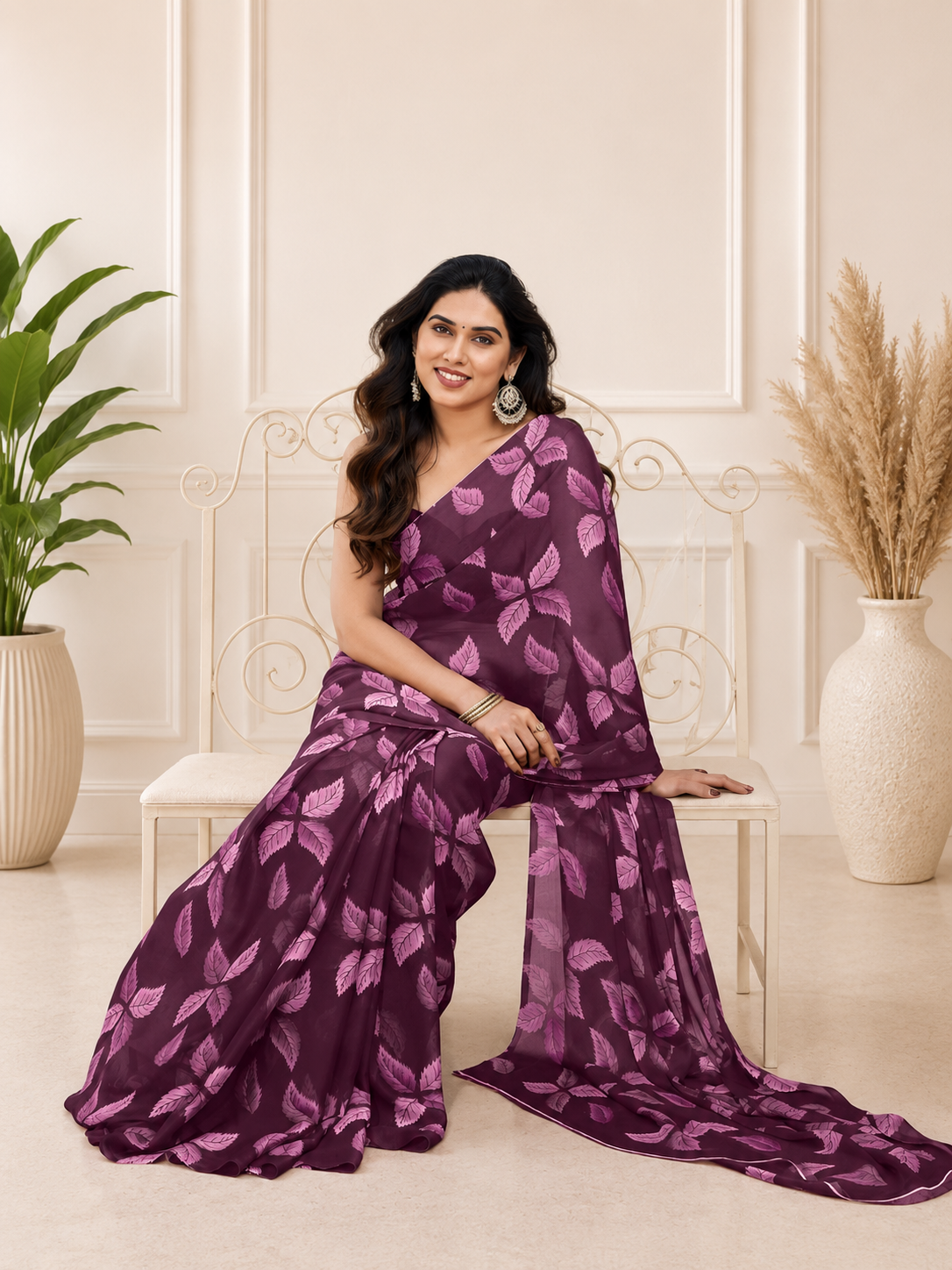 Fabrica Vibe Wine Purple Floral Printed Chiffon Saree with Blouse Piece