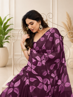 Fabrica Vibe Wine Purple Floral Printed Chiffon Saree with Blouse Piece