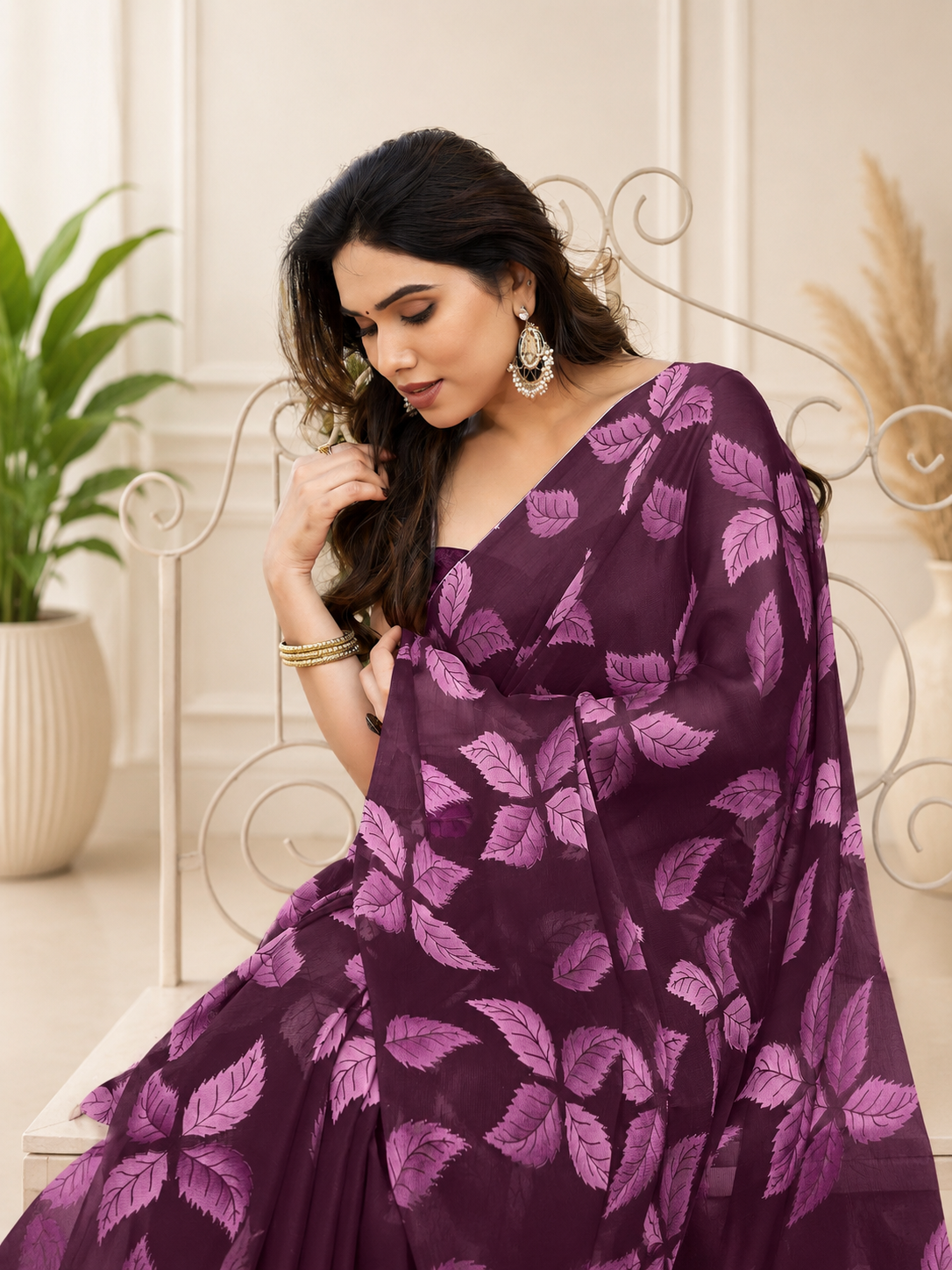 Fabrica Vibe Wine Purple Floral Printed Chiffon Saree with Blouse Piece