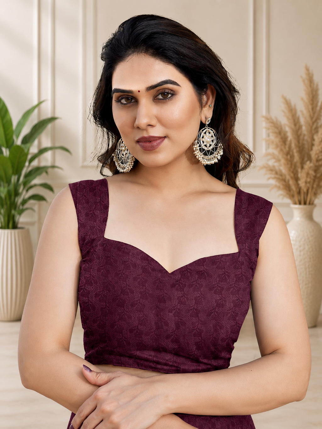 Fabrica Vibe Wine Purple Floral Printed Chiffon Saree with Blouse Piece