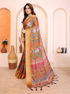 Fabrica Vibe Mustard Cotton Handwoven Kalamkari Print Saree with Woven Border