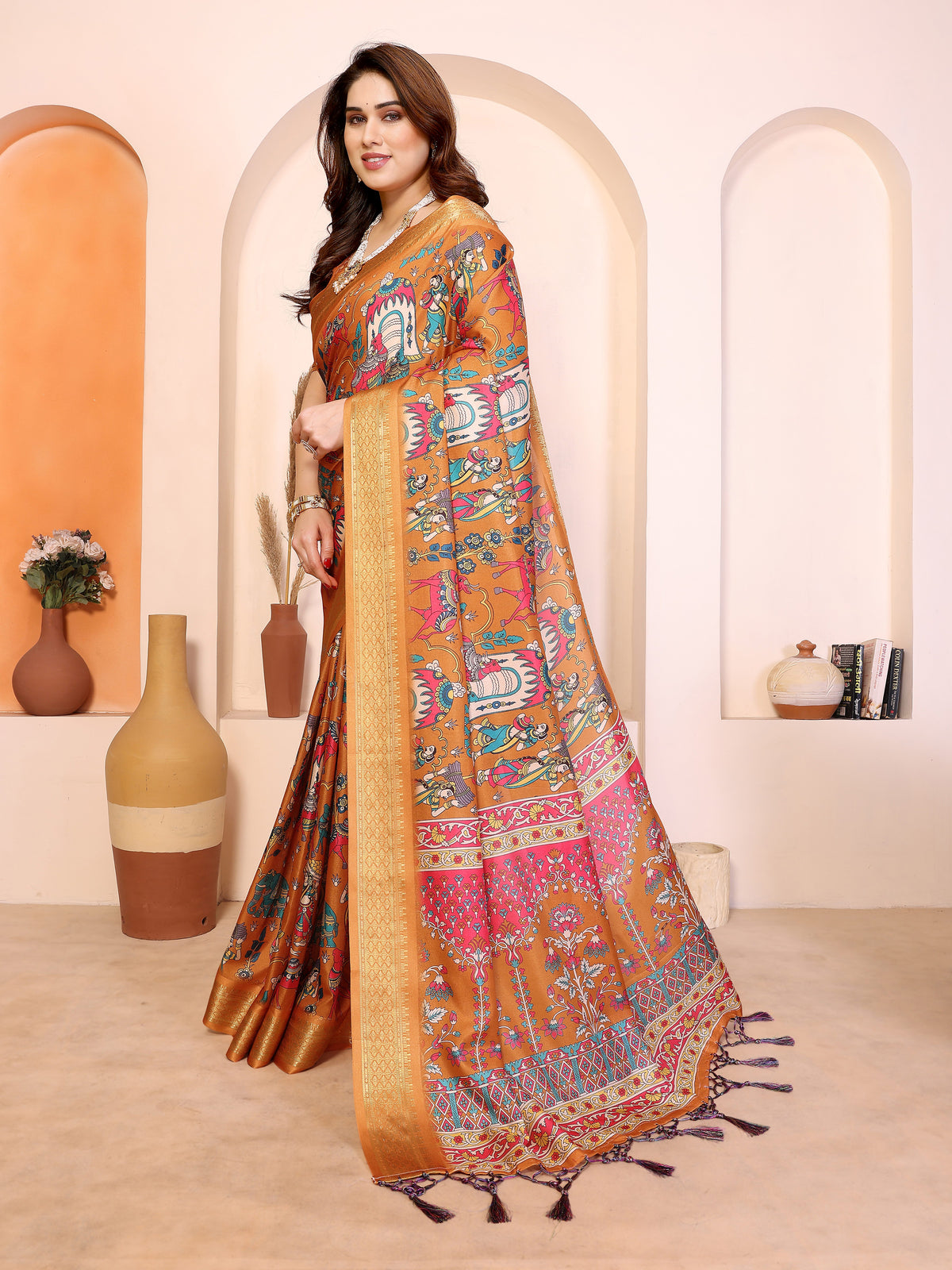Fabrica Vibe Mustard Cotton Handwoven Kalamkari Print Saree with Woven Border