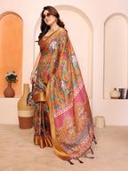 Fabrica Vibe Mustard Cotton Handwoven Kalamkari Print Saree with Woven Border