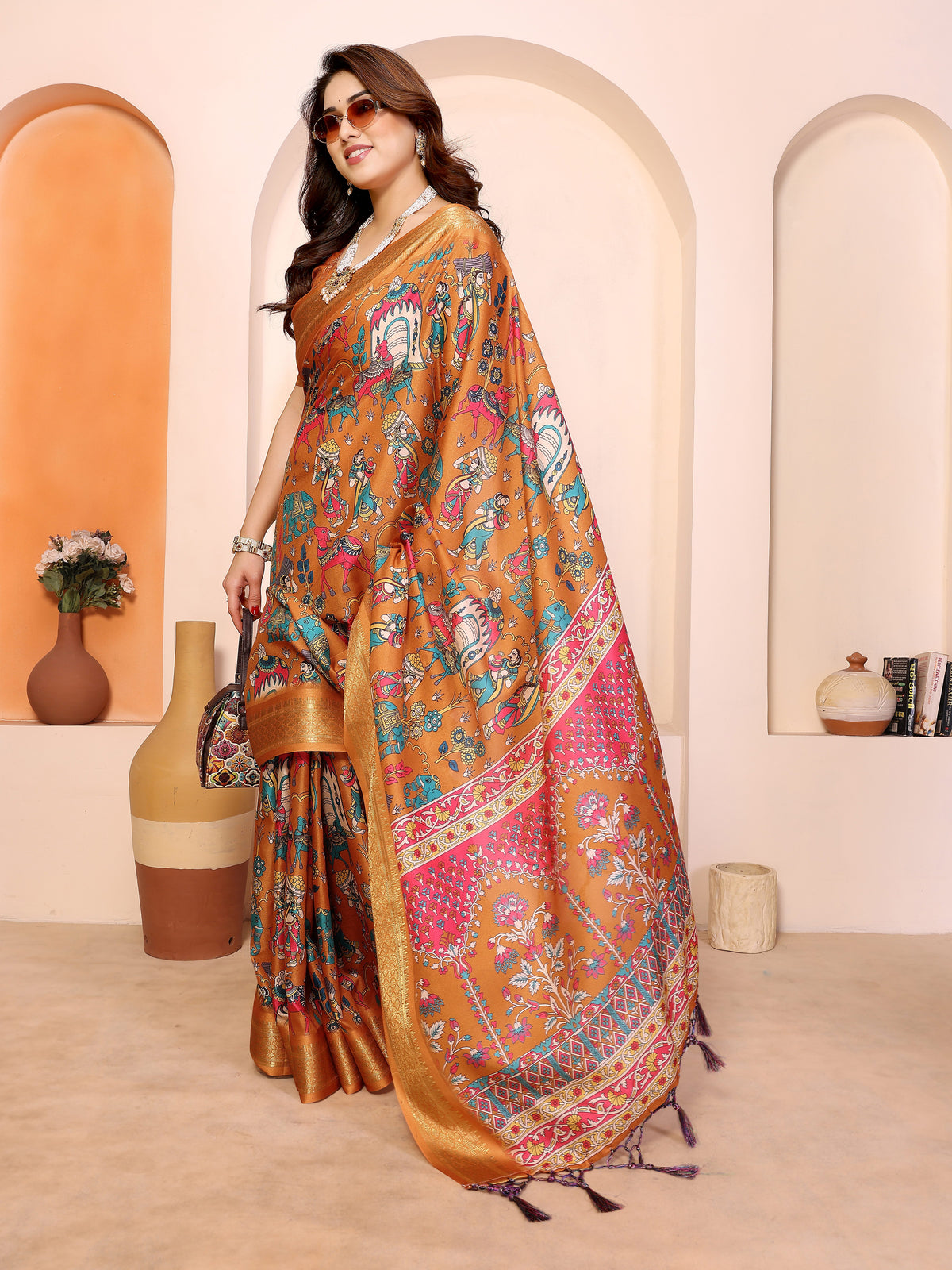 Fabrica Vibe Mustard Cotton Handwoven Kalamkari Print Saree with Woven Border