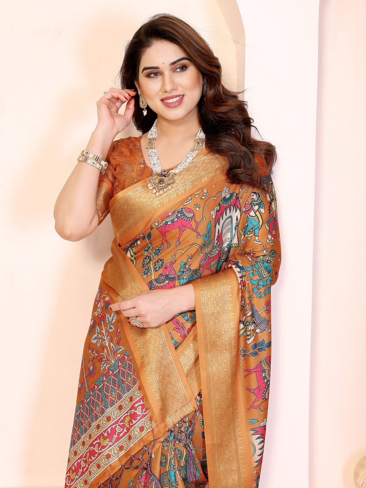 Fabrica Vibe Mustard Cotton Handwoven Kalamkari Print Saree with Woven Border
