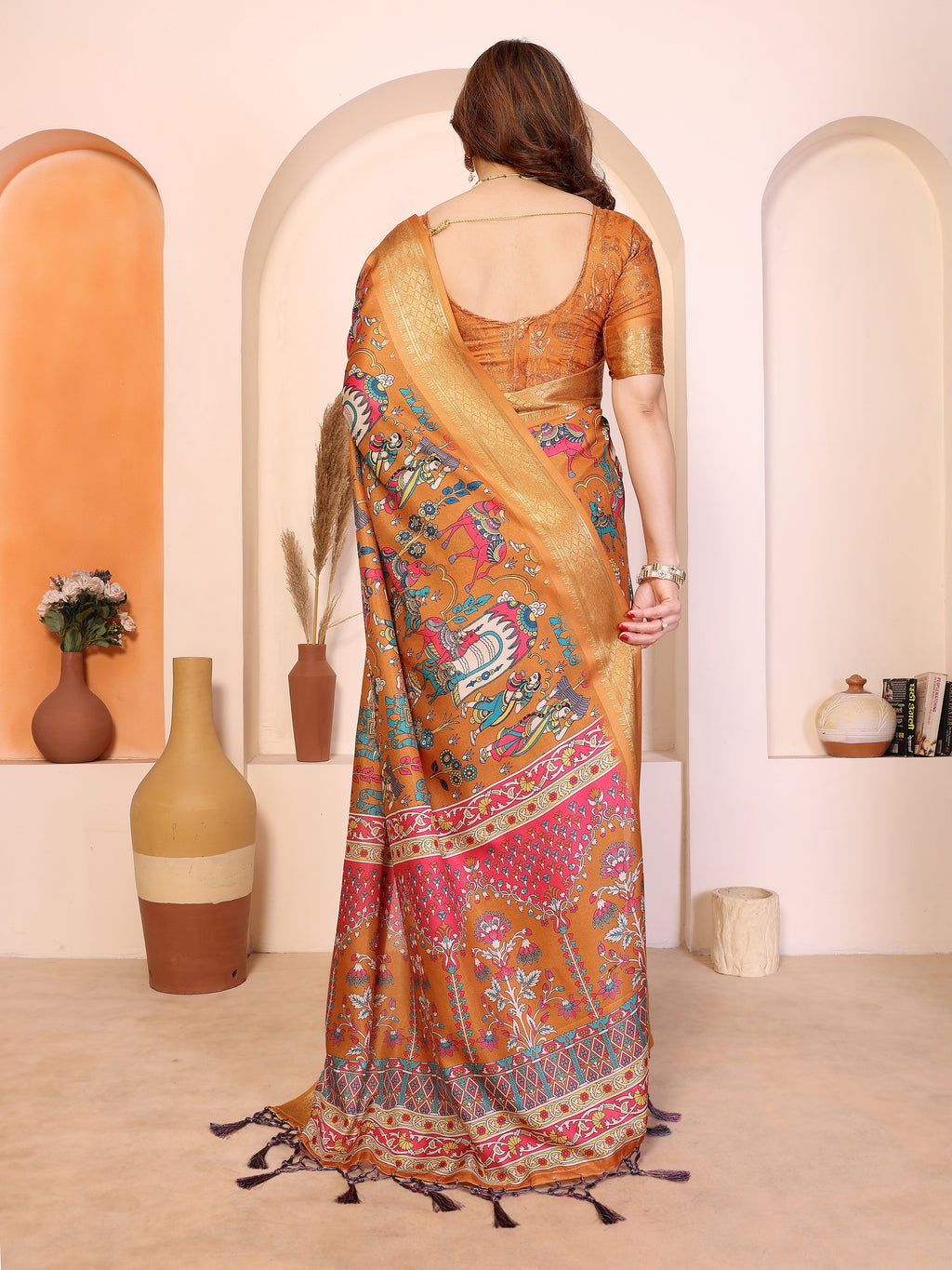 Fabrica Vibe Premium Cotton Silk Kalamkari Print Saree with Zari Woven Border