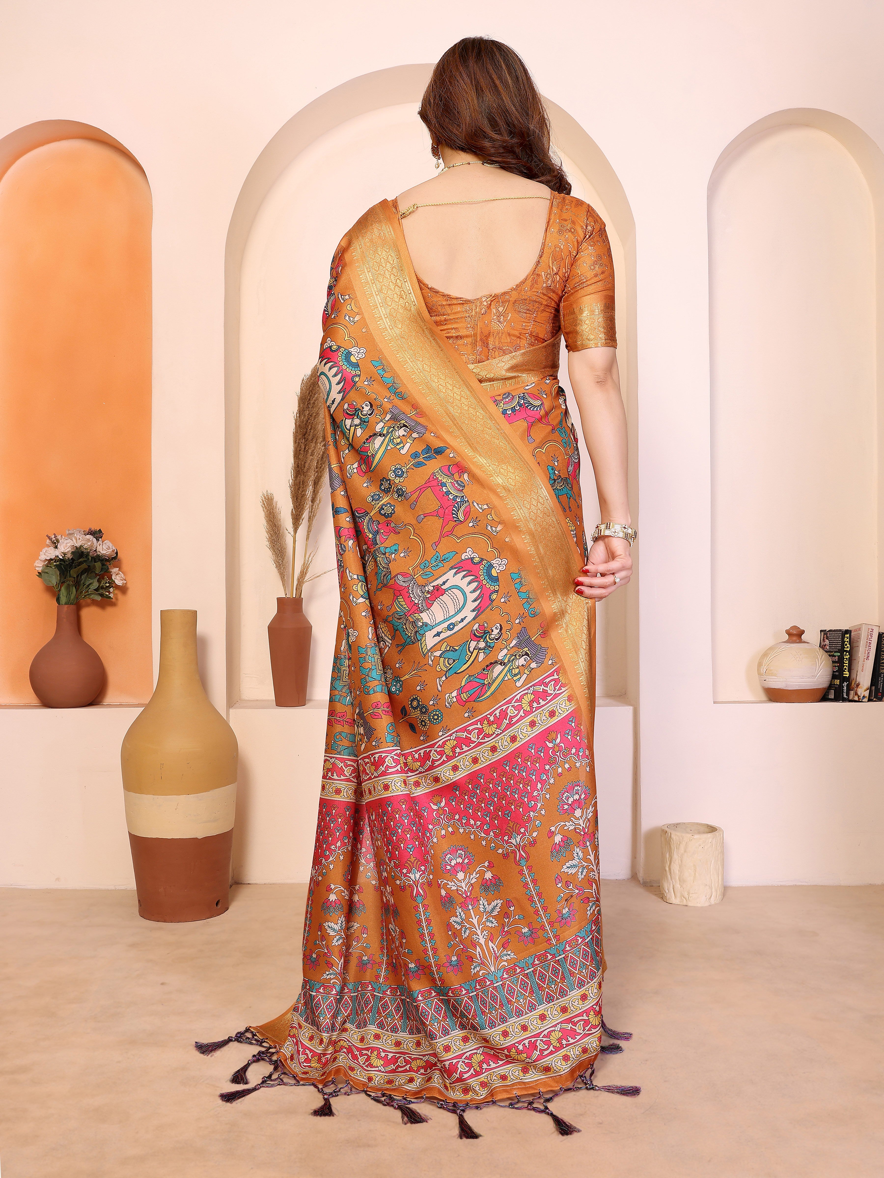 Fabrica Vibe Premium Cotton Silk Kalamkari Print Saree with Zari Woven Border
