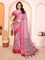 Fabrica Vibe Baby Pink Cotton Handwoven Floral Saree with Woven Border