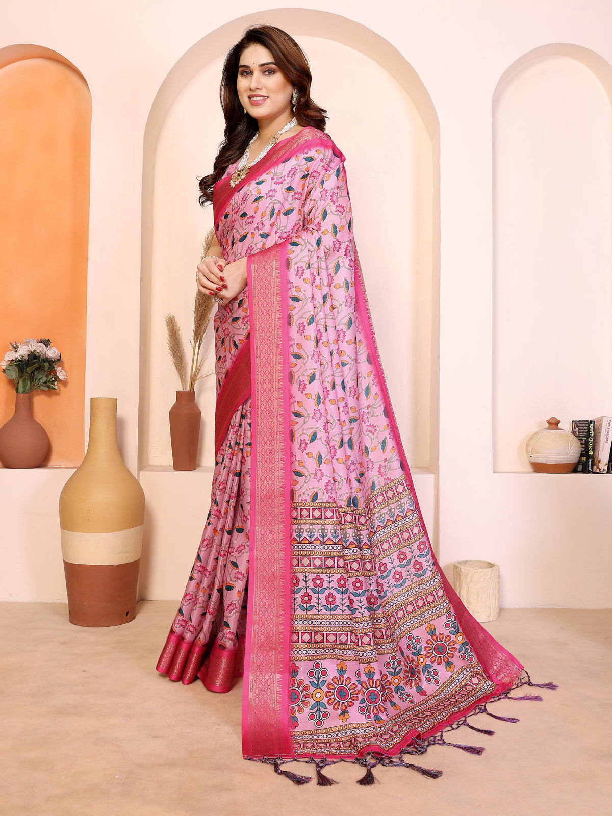 Fabrica Vibe Baby Pink Cotton Handwoven Floral Saree with Woven Border