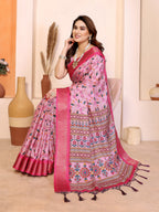 Fabrica Vibe Baby Pink Cotton Handwoven Floral Saree with Woven Border