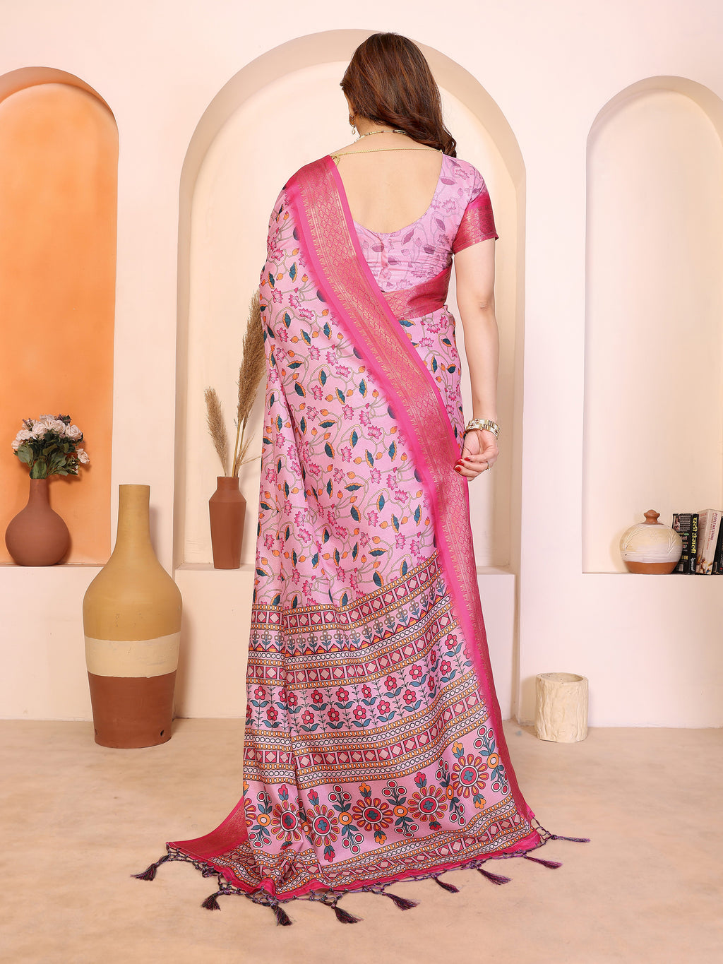 Fabrica Vibe Premium Cotton Silk Baby Pink Kalamkari Print Saree with Zari Woven Border