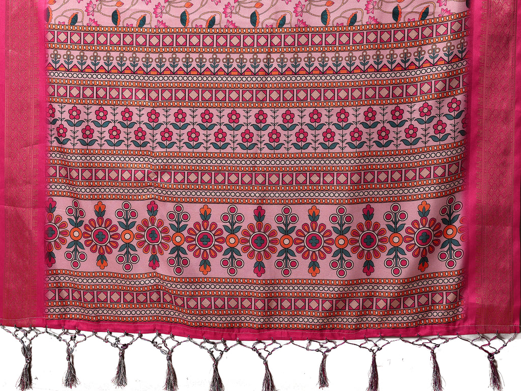Fabrica Vibe Premium Cotton Silk Baby Pink Kalamkari Print Saree with Zari Woven Border