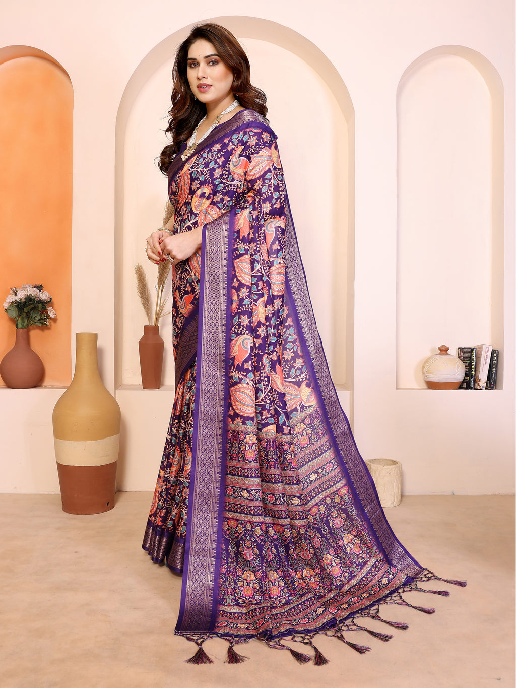 Fabrica Vibe Purple Cotton Handwoven Paisley Floral Saree with Traditional Border