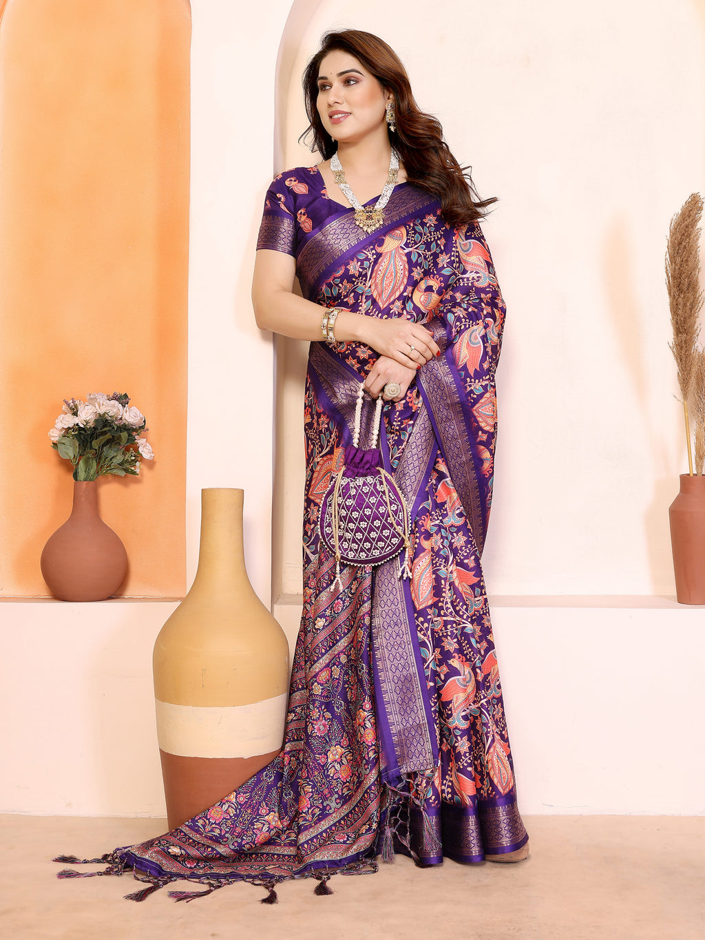 Fabrica Vibe Purple Cotton Handwoven Paisley Floral Saree with Traditional Border