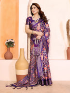 Fabrica Vibe Purple Cotton Handwoven Paisley Floral Saree with Traditional Border
