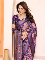 Fabrica Vibe Purple Cotton Handwoven Paisley Floral Saree with Traditional Border