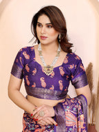 Fabrica Vibe Purple Cotton Handwoven Paisley Floral Saree with Traditional Border