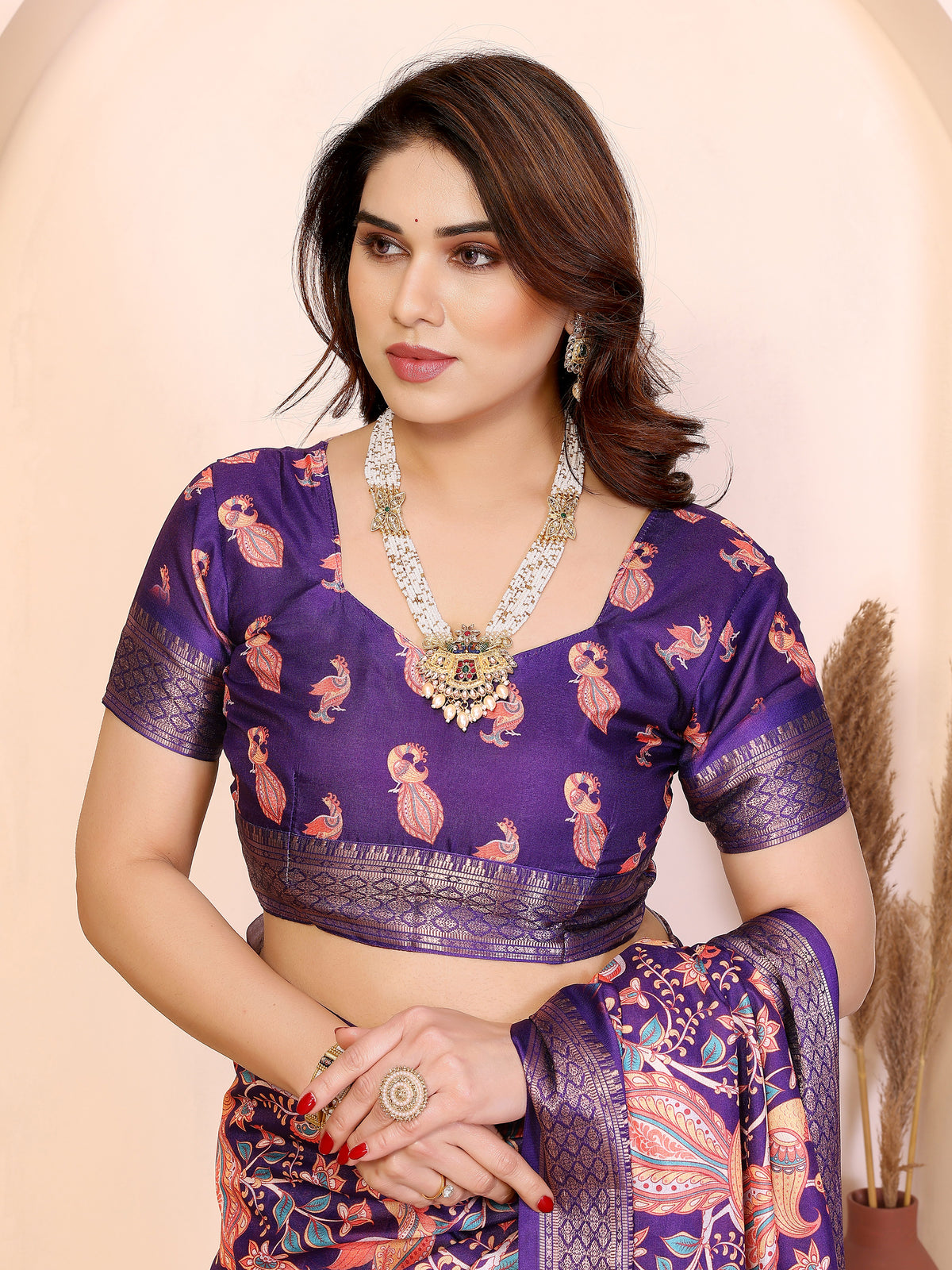 Fabrica Vibe Purple Cotton Handwoven Paisley Floral Saree with Traditional Border