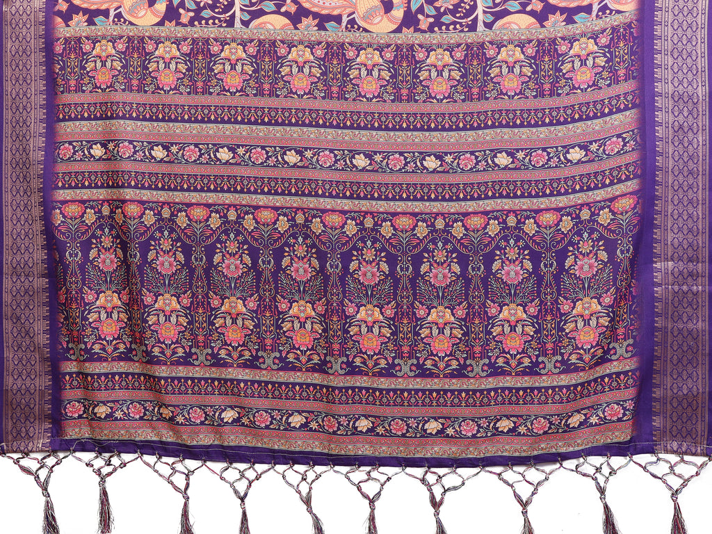 Fabrica Vibe Premium Cotton Silk Purple Kalamkari Print Saree with Zari Woven Border