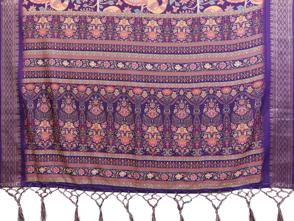 Fabrica Vibe Purple Cotton Handwoven Paisley Floral Saree with Traditional Border