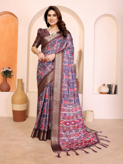 Fabrica Vibe Multicolour Cotton Handwoven Printed Saree with Woven Border