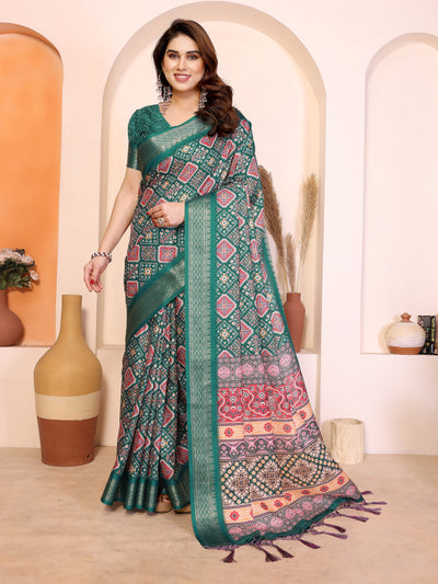 Fabrica Vibe Green Printed Handwoven Saree with Traditional Geometric Pallu & Tassel Border